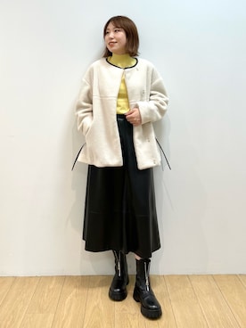 「レザースカート」｜「アイテム（ノーカラージャケット）」を使った、ゆいぴーさん（レディース・155cm）の秋コーディネート