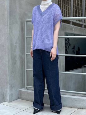 「アイテム（ベスト、パープル系）」を使った、moniさん（レディース・155cm）の秋コーディネート