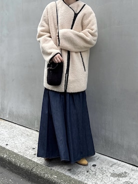 「アイテム（ノーカラーコート）」を使った、moniさん（レディース・155cm）の冬コーディネート