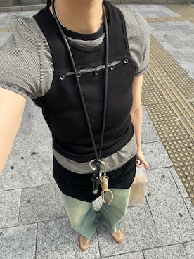 「LA PEAU DE GEM（ラポドゥジェム）の【LA PEAU DE GEM】hemp border tee/ヘンプボーダーT（Tシャツ/カットソー、ブラック系）」を使った、moekaさん（レディース・164cm）の春コーディネート