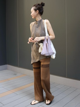 「LA PEAU DE GEM（ラポドゥジェム）の【LA PEAU DE GEM】multi border knit pants/マルチボーダーニットパンツ（その他パンツ、ブラウン系）」を使った、moekaさん（レディース・164cm）の夏コーディネート