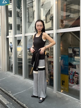 「LA PEAU DE GEM（ラポドゥジェム）の【LA PEAU DE GEM】multi border knit pants/マルチボーダーニットパンツ（その他パンツ、ブラック系）」を使った、moekaさん（レディース・164cm）の夏コーディネート