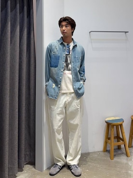 「BAYFLOW（ベイフロー）の[軽くて涼しい]FLOWカラーガレージパンツ【ストレッチ・リネン混】（その他パンツ、ホワイト系）」を使った、riiiin0804さん（メンズ）の夏コーディネート