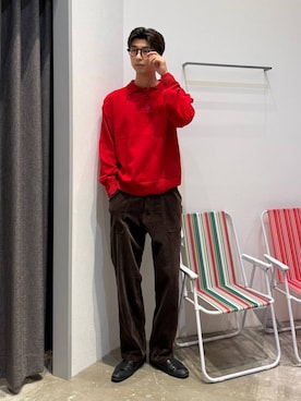 「BAYFLOW（ベイフロー）のニットポロシャツ（ポロシャツ、レッド系）」を使った、riiiin0804さん（メンズ）の秋コーディネート