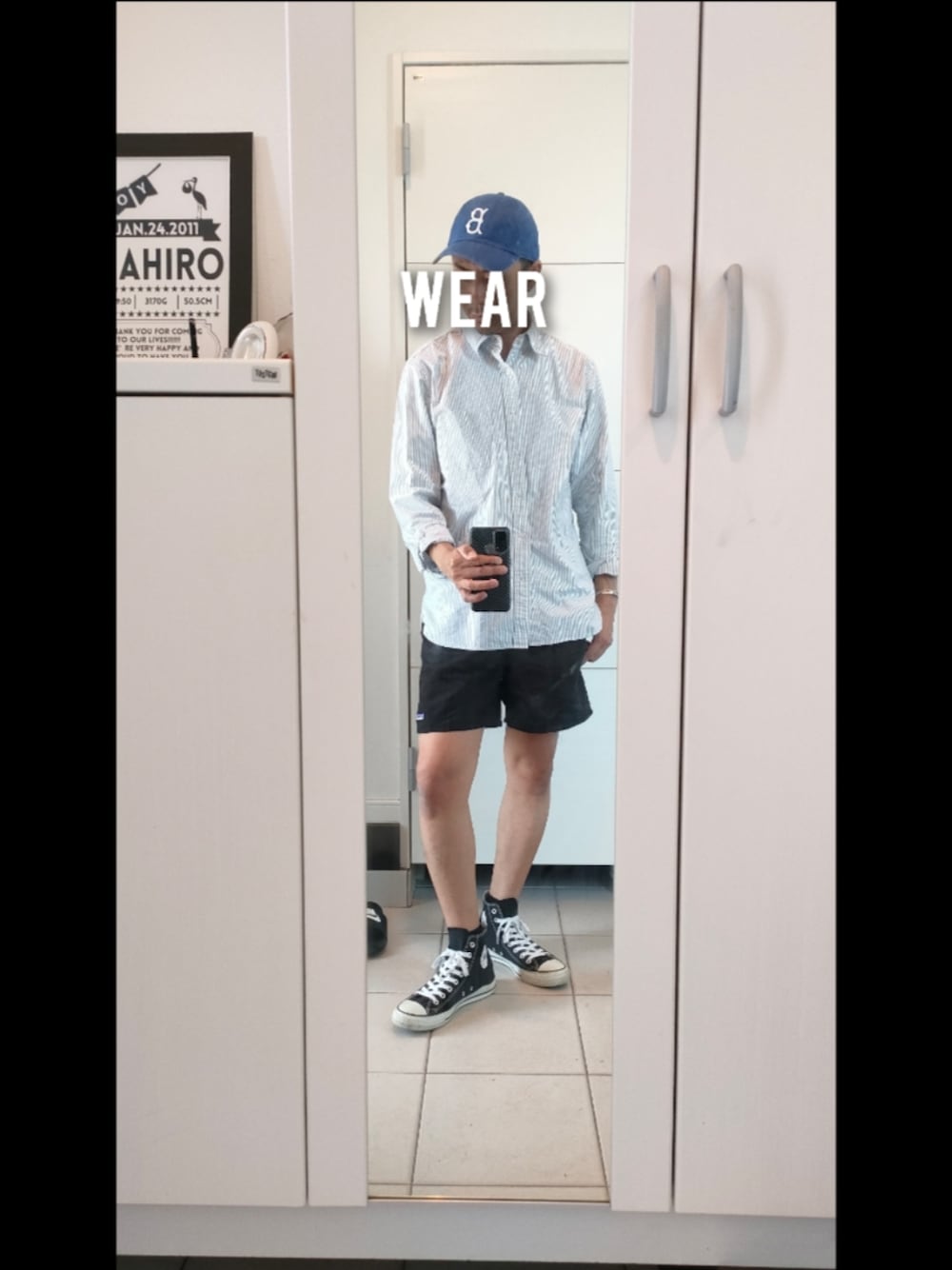 「今日のコーデ、シンプル、春夏コーデ、ハーフパンツ、キャップ、コンバース、チャックテイラー、シャツスタイル、ストライプ、初夏コーデ、プチプラ、ショートパンツ、スポーツミックス、夏コーデ、公園」｜「'47の【47（フォーティセブン）】別注MLB CAP（キャップ、ブルー系）」を使った、Yu-pisenさん（メンズ・170cm）の春コーディネートの1枚目の写真