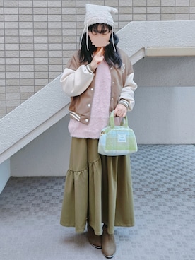 「DAY CLOSET（デイ クローゼット）のゆるっとふんわり甘めシャギーニット（ニット/セーター、ピンク系）」を使った、こうめさん（レディース・155cm）の春コーディネート