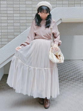 「KOBE LETTUCE（コウベレタス）のティアードチュールマキシスカート（スカート、ベージュ系）」を使った、こうめさん（レディース・155cm）の春コーディネート