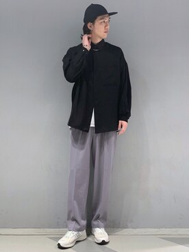 「JUNRED（ジュンレッド）の【韓国系】オーバーサイズドレープシャツ（シャツ/ブラウス、ブラック系）」を使った、SHUNSUKEさん（メンズ・184cm）の夏コーディネート