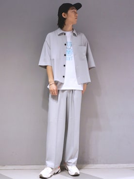 「JUNRED（ジュンレッド）のステッチ配色ショートシャツブルゾン（シャツ/ブラウス、ブルー系）」を使った、SHUNSUKEさん（メンズ・184cm）の夏コーディネート