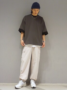 「JUNRED（ジュンレッド）のロールアップワイドTEE（Tシャツ/カットソー、グレー系）」を使った、SHUNSUKEさん（メンズ・184cm）の夏コーディネート