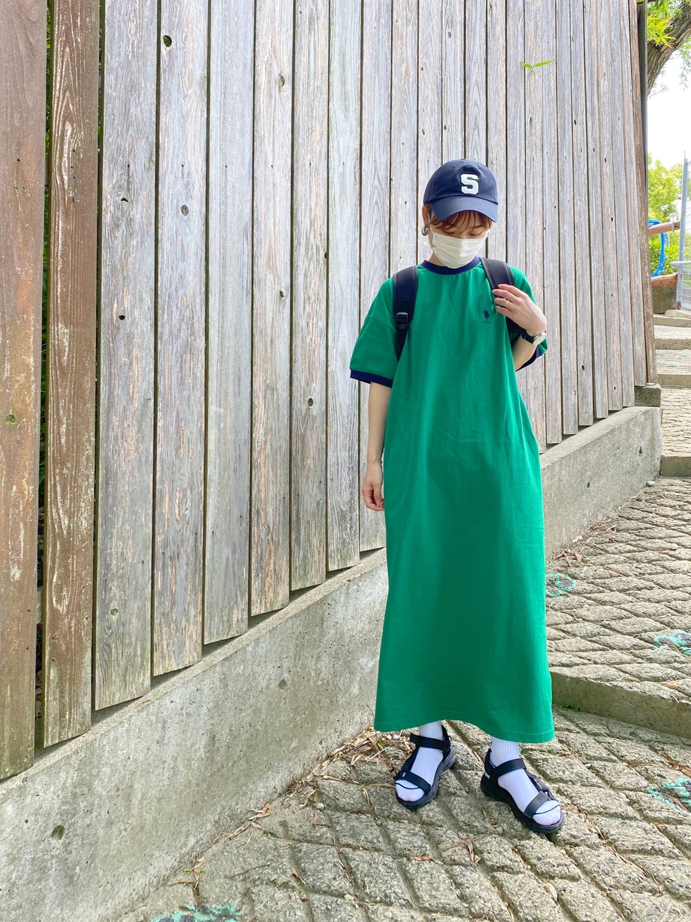 「動物園コーデ、ママコーデ、ラクチンコーデ、プチプラコーデ、カジュアル、動きやすさ重視、おちびさん、低身長、150cm」｜「CANAL JEANのCANAL JEAN×smileyranna ロゴCAP（キャップ、ブルー系）」を使った、Kiさん（レディース・150cm）の春コーディネートの1枚目の写真