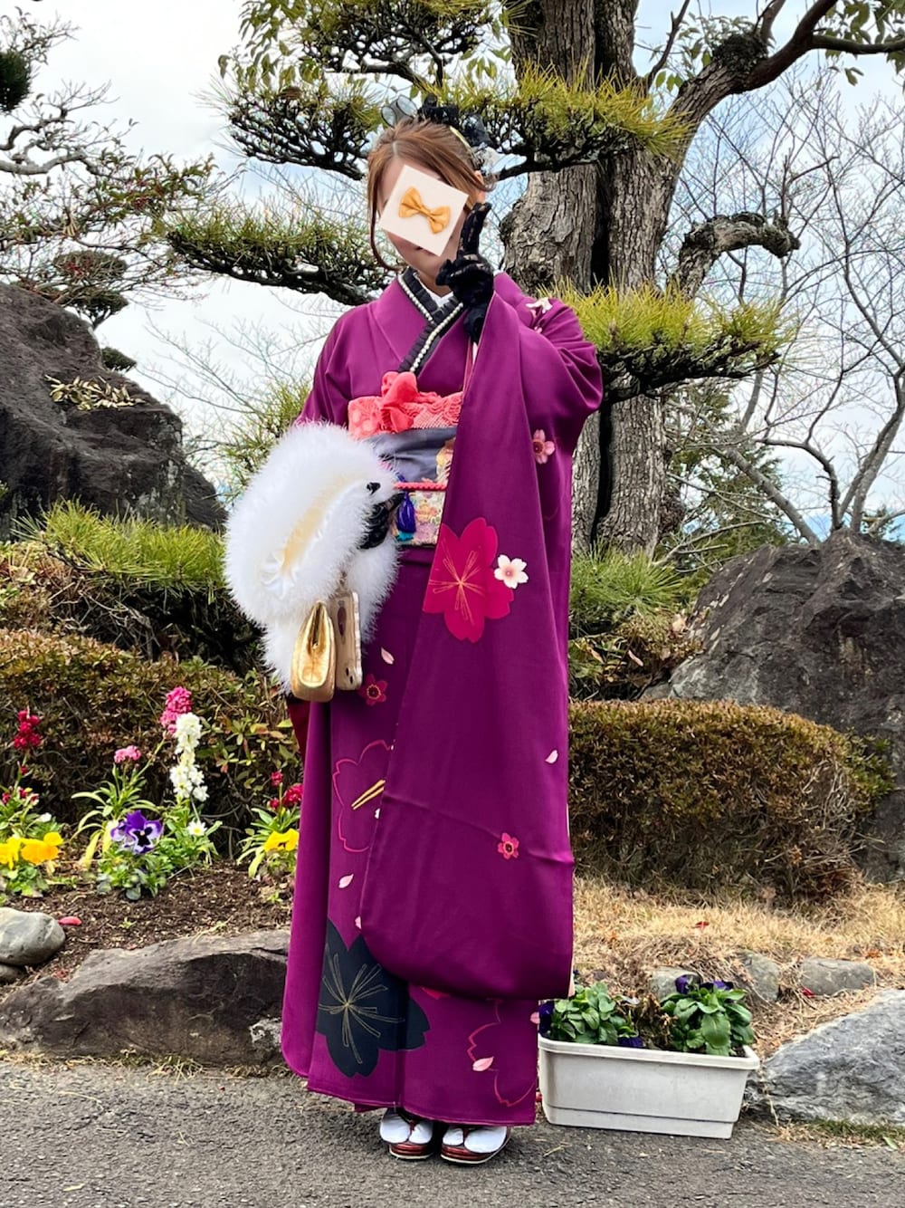 「成人式、着物」｜「ママが着た振袖のアイテム（着物、パープル系）」を使った、akocoa♩¨̮·͜· ︎︎ ︎︎さん（レディース・153cm）の冬コーディネートの1枚目の写真