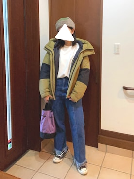 「帽子」｜「アイテム（ダウンジャケット/コート）」を使った、PECOさん（レディース・158cm）の冬コーディネート