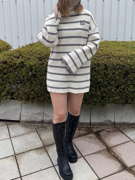 「one after another NICE CLAUP（ワンアフターアナザーナイスクラップ）のNC刺繍ハイネックニットミニワンピ（ニット/セーター）」を使った、renaさん（レディース・163cm）の冬コーディネート