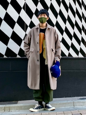 「JUNRED（ジュンレッド）のアイテム（ステンカラーコート）」を使った、macky☺︎さん（メンズ・172cm）の冬コーディネート