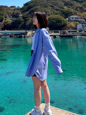 「GU（ジーユー）のアイテム（シャツ/ブラウス、ブルー系）」を使った、mさん（レディース・150cm）の春コーディネート