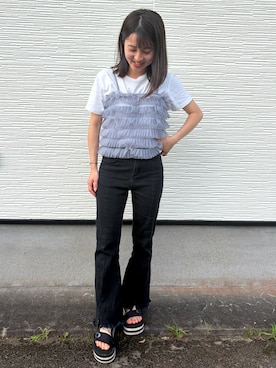 「GU（ジーユー）のアイテム（Tシャツ/カットソー、ホワイト系）」を使った、mさん（レディース・150cm）の夏コーディネート