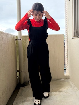 「しまむら（シマムラ）のアイテム（オールインワン・サロペット、ブラック系）」を使った、mさん（レディース・150cm）の春コーディネート