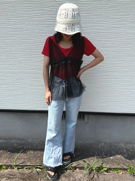 「GRL（グレイル）のアイテム（デニムパンツ、ブルー系）」を使った、mさん（レディース・150cm）の夏コーディネート