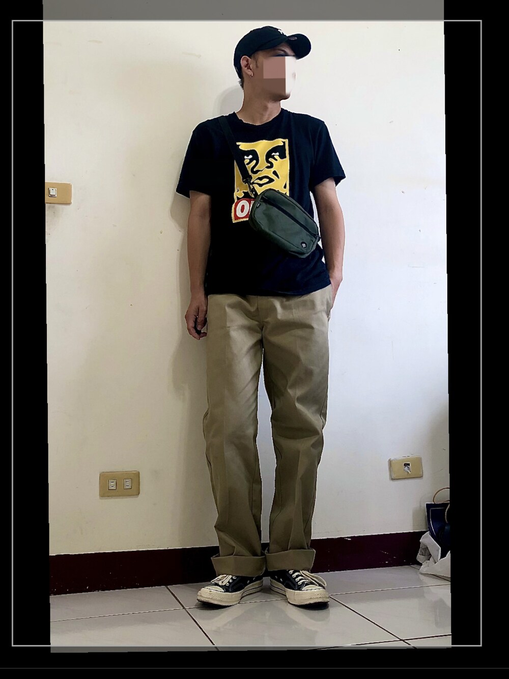 「OBEY、target、Dickies、converse」｜「CONVERSEのアイテム（シューズ、ブラック系）」を使った、リン  さん（メンズ・173cm）の夏コーディネートの1枚目の写真