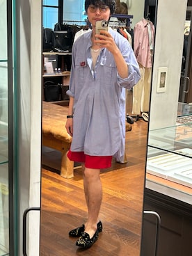 「URBAN RESEARCH（アーバンリサーチ）の『別注』Wrangler×URBAN RESEARCH　WRANCHER SHORTS（その他パンツ、レッド系）」を使った、ノリ　カワハラさん（メンズ・178cm）の夏コーディネート