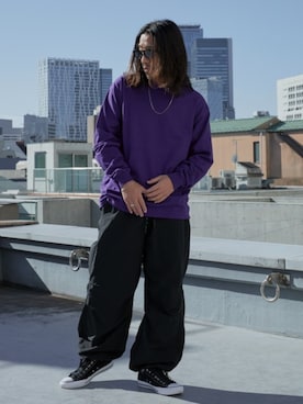 「GILDAN（ギルダン）の【ROOPTOKYO】GILDAN ６oz クルーネック 袖リブ ロングスリーブTee /ロンT 無地カットソー オーバーサイズ 2026年春夏（Tシャツ/カットソー、パープル系）」を使った、naotoさん（メンズ・172cm）の春コーディネート