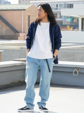 「GILDAN（ギルダン）の【ROOPTOKYO】GILDAN ６oz クルーネック 袖リブ ロングスリーブTee /ロンT 無地カットソー オーバーサイズ（Tシャツ/カットソー、ホワイト系）」を使った、naotoさん（メンズ・171cm）の秋コーディネート