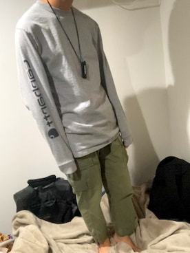 「Gramicci（グラミチ）のアイテム（Cargo trousers、グリーン系）」を使った、tks[汚部屋]さん（メンズ・168cm）の春コーディネート