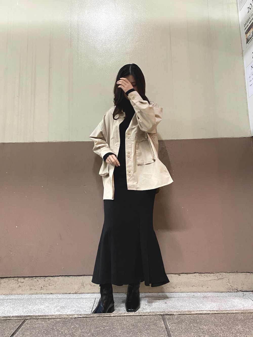 「無印良品、ショートブーツ、ciaopanic、マーメイドスカート、秋コーデ、ジャケットコーデ、auntmarie's、lauir、ブラックコーデ」｜「Aunt Marie'sのスクエアトゥパイピングブーツ / Aunt Marie's（ブーツ、ブラック系）」を使った、Rio 𓅪𓂃 𓈒𓏸 さん（レディース・163cm）の秋コーディネートの1枚目の写真