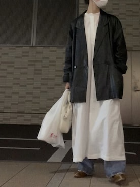 「シャツワンピ」｜「アイテム（ライダースジャケット）」を使った、mimuさん（レディース・156cm）の秋コーディネート