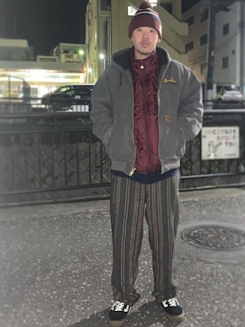 「アイテム（ダウンジャケット/コート、レッド系）」を使った、タジさん（メンズ・173cm）の冬コーディネート