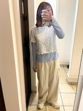 「no brand（ノーブランド）のアイテム（カーゴパンツ、イエロー系）」を使った、nrkさん（レディース・158cm）の春コーディネート