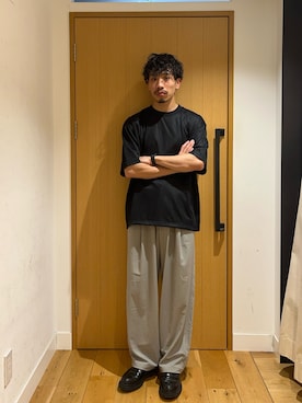 「EKAL（エカル）の『UR TECH ひやサラクール』メッシュレイヤードTシャツ（Tシャツ/カットソー、ブラック系）」を使った、むらかみ せいさん（メンズ・170cm）の夏コーディネート