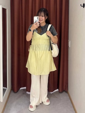 「LOWRYS FARM（ローリーズファーム）のクリンクルワッシャーミニワンピース  1032198（ワンピース、イエロー系）」を使った、かっさーさん（レディース・160cm）の夏コーディネート
