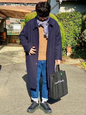 「チェックマフラー」｜「アイテム（ステンカラーコート）」を使った、kei*さん（メンズ・179cm）の冬コーディネート