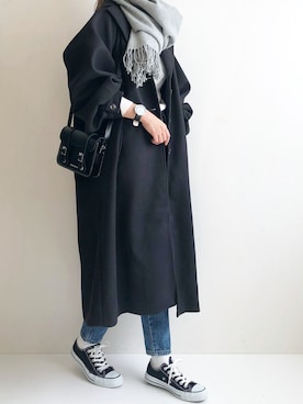 「アイテム（ステンカラーコート）」を使った、Ayumiさん（レディース・158cm）の冬コーディネート