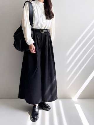 「SallyLunn（サリーラン）のプリーツワイドガウチョパンツ（スラックス）」を使った、Ayumiさん（レディース・158cm）の秋コーディネート