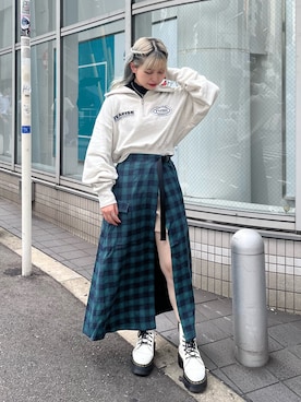 「アイテム（スカート、グリーン系）」を使った、KAGARIさん（レディース・153cm）の冬コーディネート