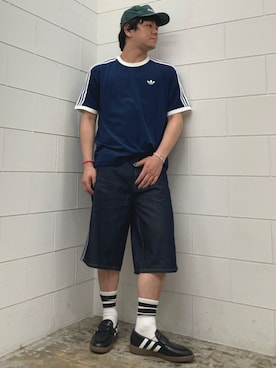 「adidas（アディダス）のテリー カリ 半袖Tシャツ（トップス、ブルー系）」を使った、NKさん（メンズ・171cm）の夏コーディネート