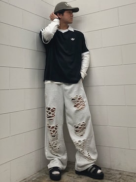 「adidas（アディダス）のガゼル ボールド サンダル / GAZELLE BOLD SANDALS / アディダスオリジナルス adidas Originals　厚底サンダル（サンダル、ブラック系）」を使った、NKさん（メンズ・171cm）の夏コーディネート