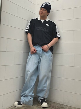 「adidas（アディダス）の襟付きゴーリートップ / アディダスオリジナルス adidas Originals（T Shirts、ブラック系）」を使った、NKさん（メンズ・171cm）の春コーディネート