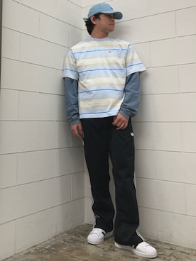 「adidas（アディダス）のファイヤーバードトラックパンツ / アディダスオリジナルス adidas Originals（スウェットパンツ、ブラック系）」を使った、NKさん（メンズ・171cm）の夏コーディネート