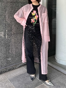 「アイテム（シャツワンピース、ピンク系）」を使った、ECスタッフさん（レディース・161cm）の冬コーディネート