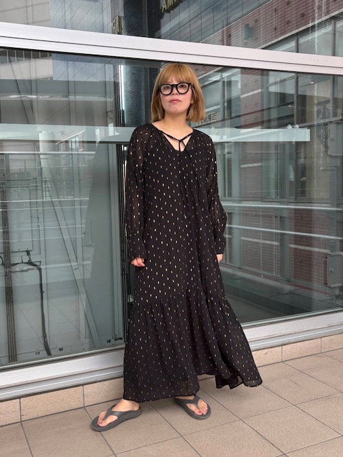 ラメシアーデザインスリーブロングワンピース