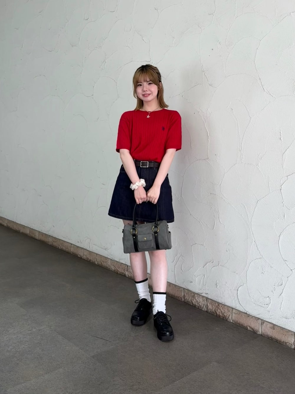 「赤ニット、ケーブルニット、カジュアル、カジュアルガーリー、骨格ウェーブ、おでかけコーデ、今日のコーデ、韓国っぽ、春コーデ」｜「U.S. POLO ASSN.の半袖ケーブルニット（ニット/セーター、レッド系）」を使った、soora1224さん（骨格ウェーブ・レディース・158cm）の春コーディネートの1枚目の写真