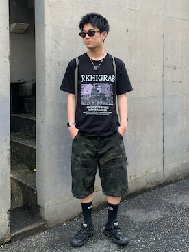 「link lot（リンクロット）のスクラッチ フォトグラフィック ビッグT（Tシャツ/カットソー、ブラック系）」を使った、TEEMSTOREさん（レディース・155cm）の夏コーディネート