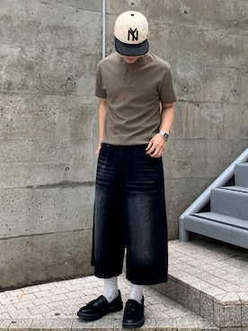 「link lot（リンクロット）の【26春夏新作】スパンリブヘンリーネックTシャツ（Tシャツ/カットソー、グリーン系）」を使った、TEEMSTOREさん（レディース・155cm）の夏コーディネート