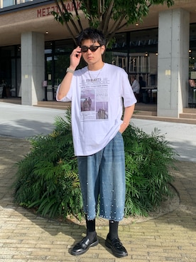 「link lot（リンクロット）のニュースペーパー・アーカイブ グラフィックT（Tシャツ/カットソー、ホワイト系）」を使った、TEEMSTOREさん（レディース・155cm）の夏コーディネート