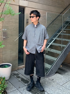 「link lot（リンクロット）の【26春夏新作】オーバーサイズ ギンガムチェック ボタンダウン 半袖シャツ（シャツ/ブラウス、ブラック系）」を使った、TEEMSTOREさん（レディース・155cm）の夏コーディネート
