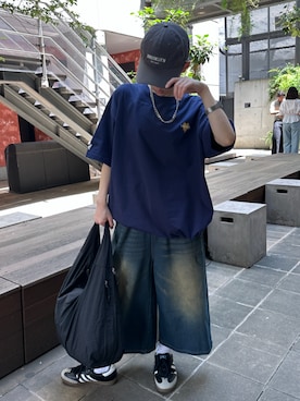 「link lot（リンクロット）の【KANGOL】【26春夏新作】ドローコード付き 胸ロゴハート刺繍 ワンポイント Tシャツ（Tシャツ/カットソー、ブルー系）」を使った、TEEMSTOREさん（レディース・155cm）の夏コーディネート